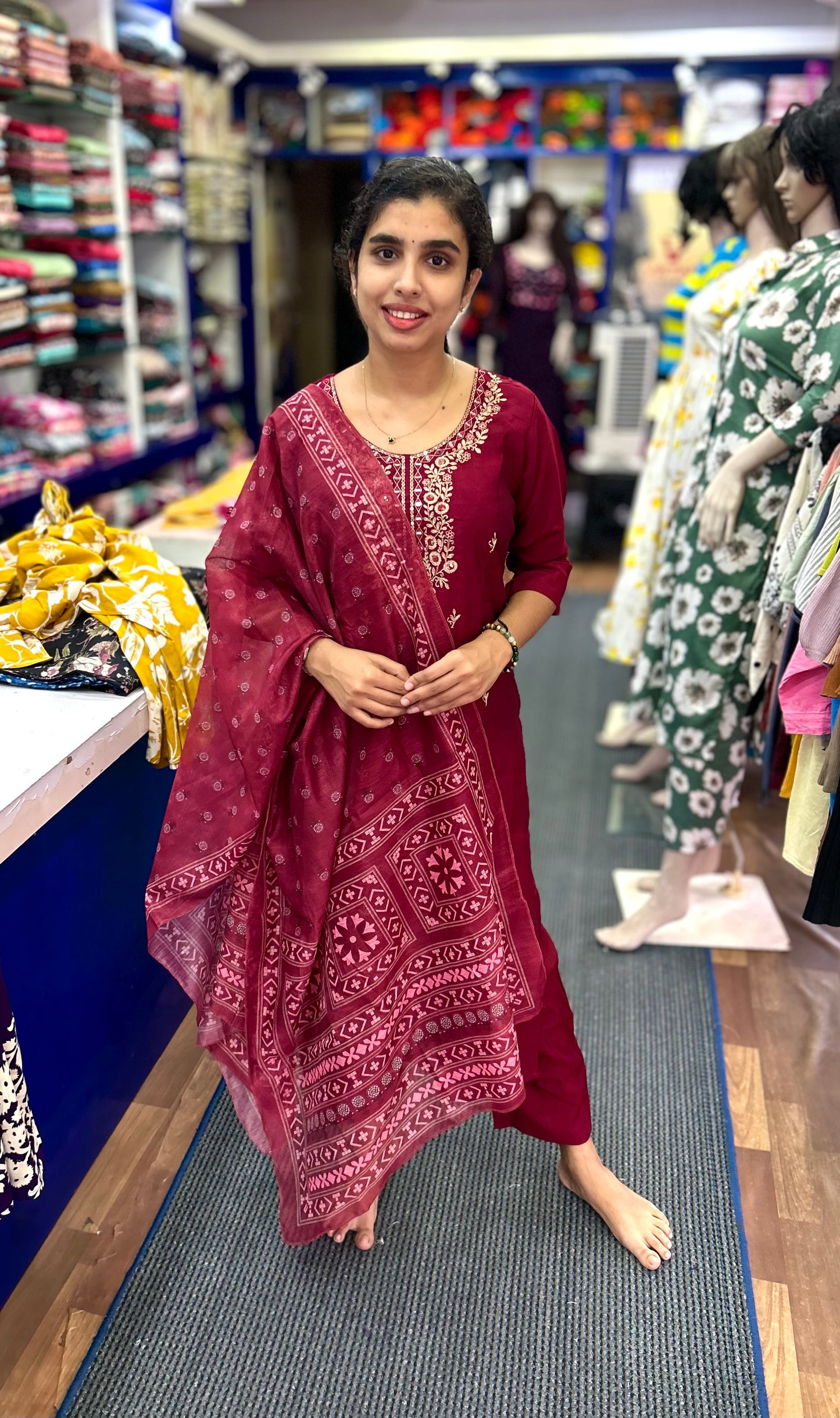 Premium Dark Meroon Silk Kurthi Set