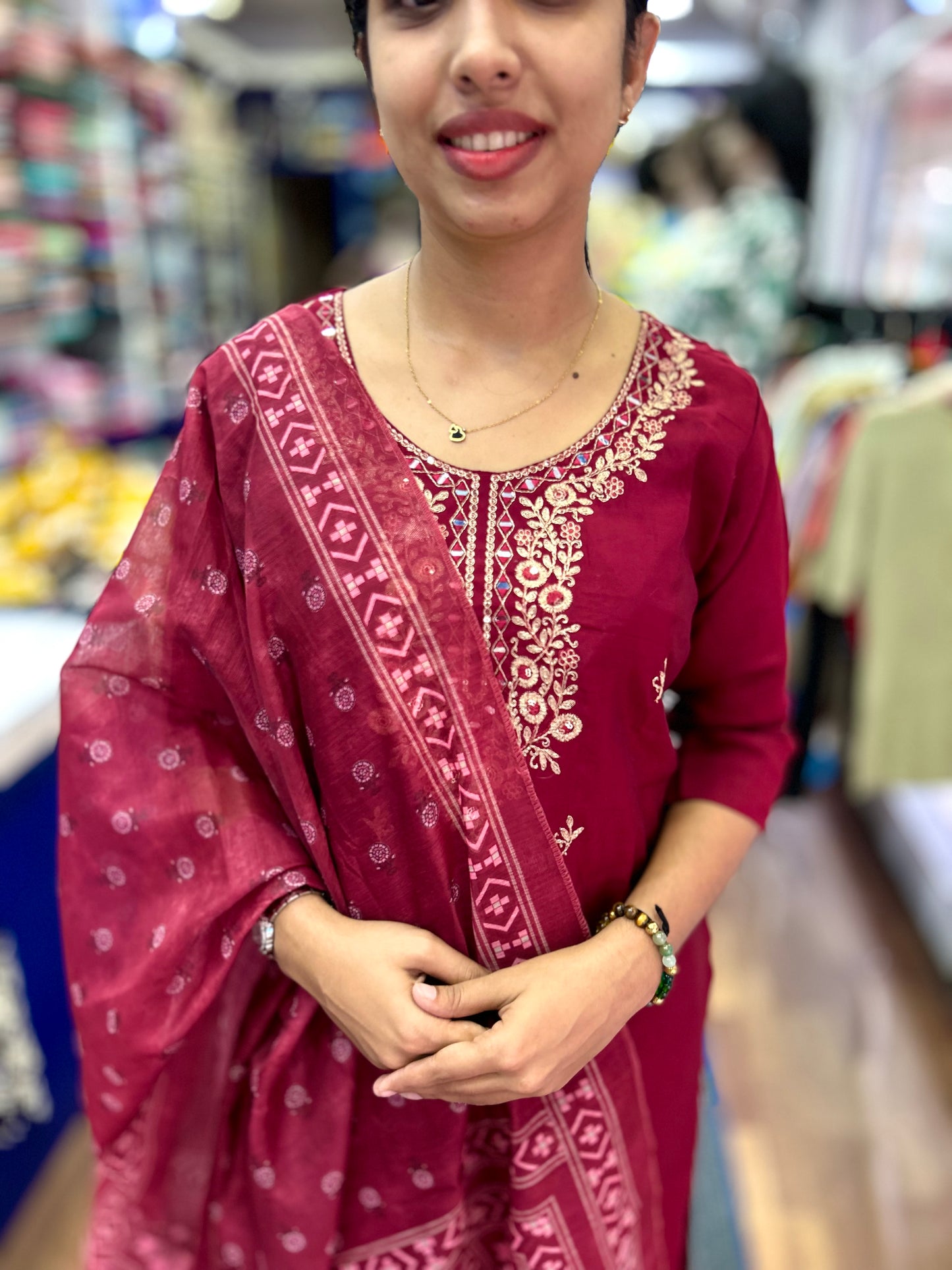 Premium Dark Meroon Silk Kurthi Set