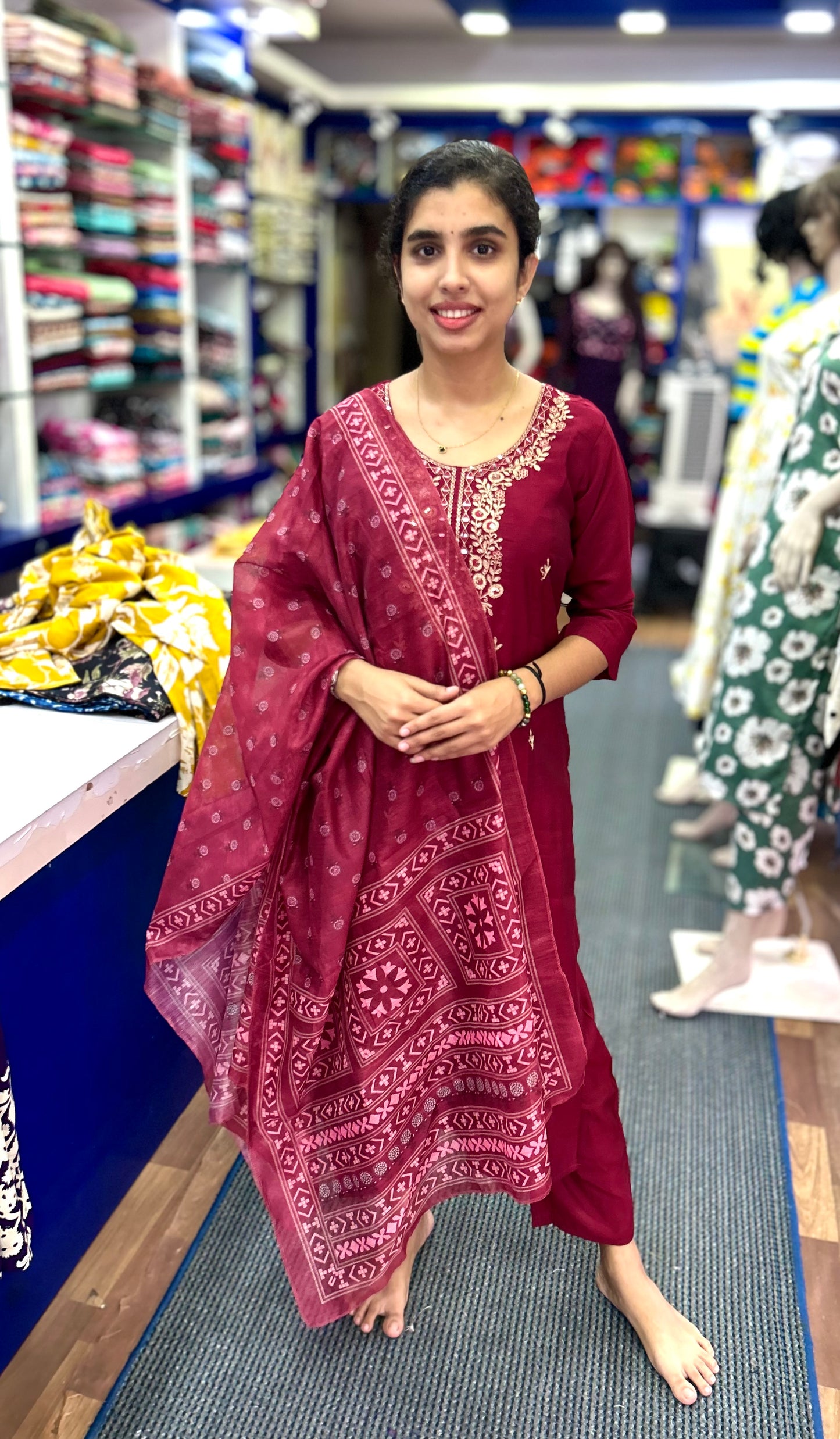 Premium Dark Meroon Silk Kurthi Set